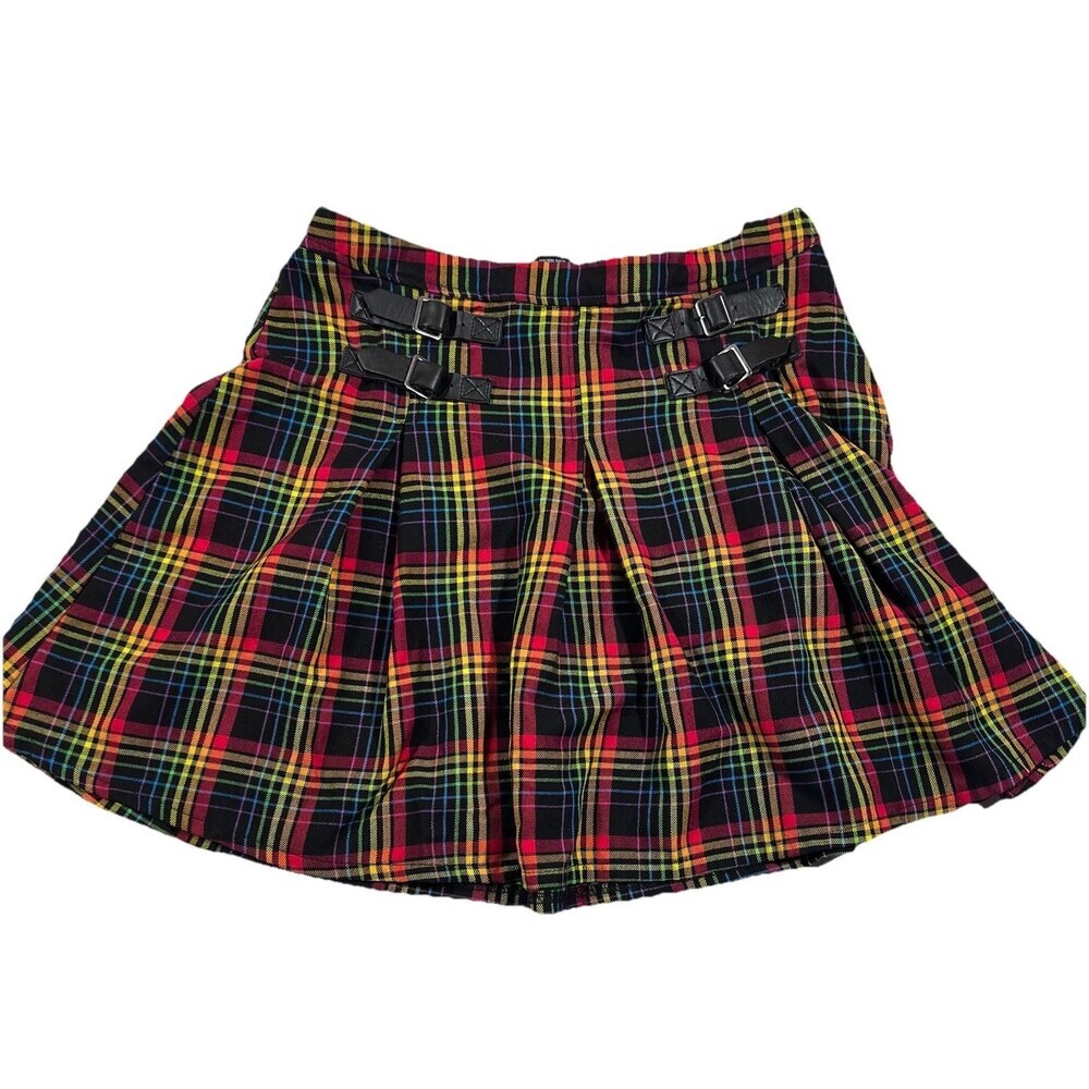Hot Topic Rainbow Plaid Double Buckle Pleated Skirt Goth Punk Medium